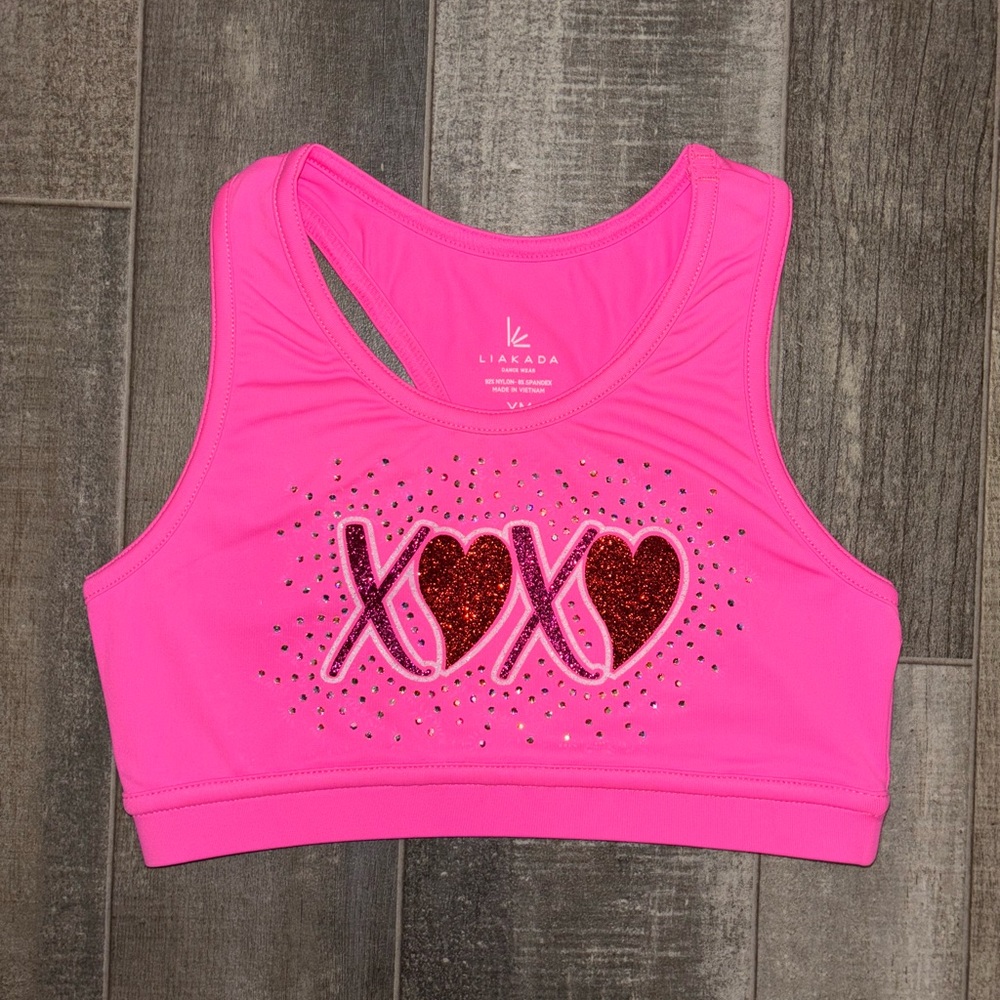 Pink Valentines Sports Bra XOXO & Sweetheart w/ Rhinestone overlay